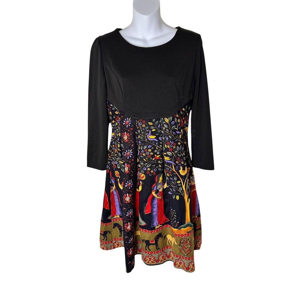 Vintage-Inspired Large Black Dress Egyptian Folk Art Print Long Sleeves & Back Z